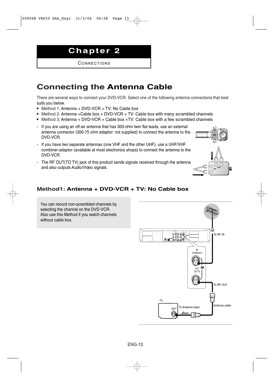 Chapter 2 connections, Connecting the antenna cable, Method1: antenna + dvd-vcr + tv: no cable box | Samsung DVD-V8650 User Manual | Page 13 / 92