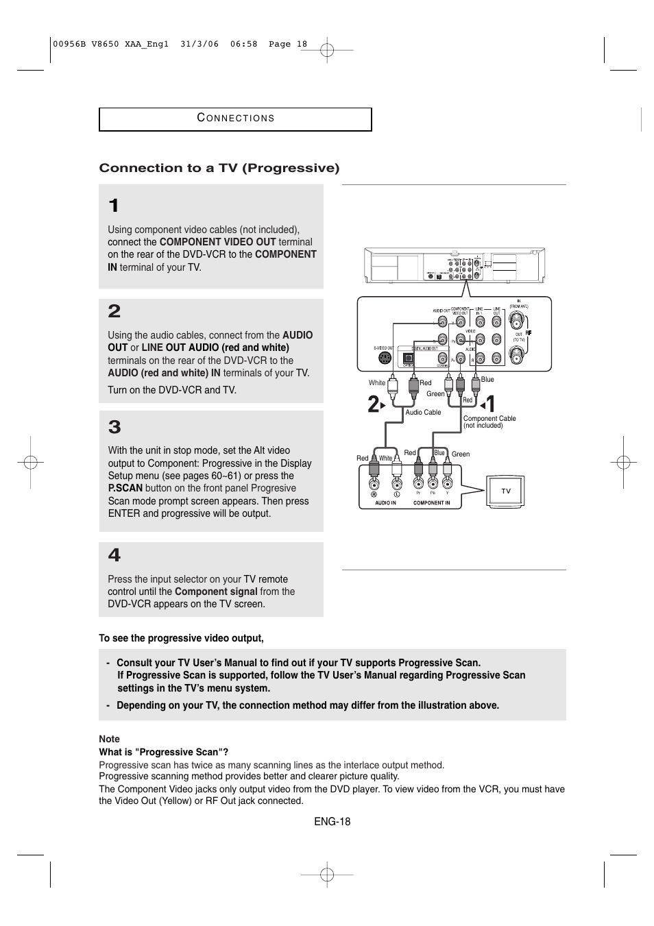 Connection to a tv (progressive) | Samsung DVD-V8650 User Manual | Page 18 / 92