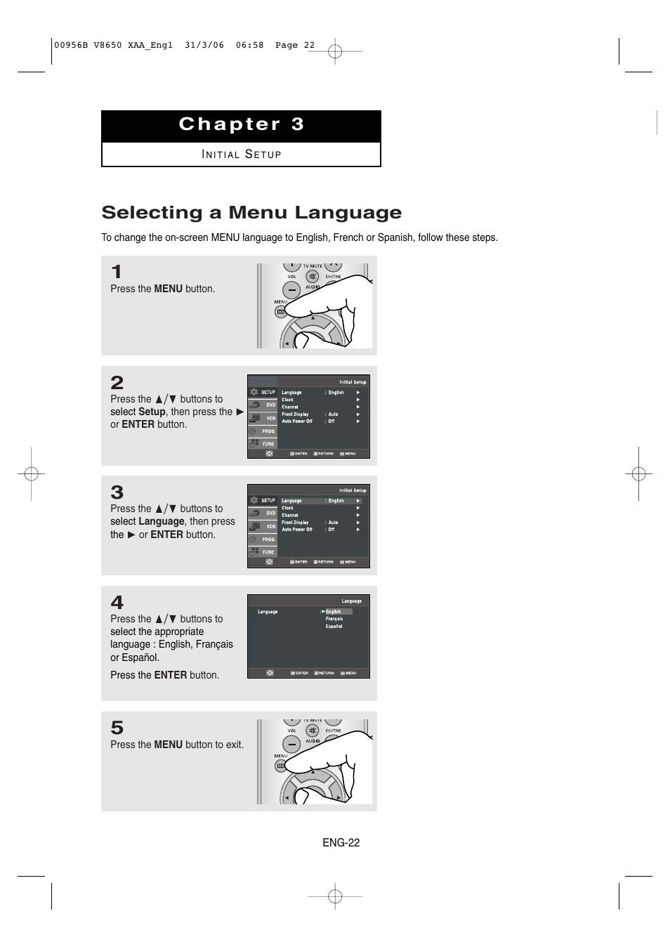 Chapter 3 initial setup, Selecting a menu language | Samsung DVD-V8650 User Manual | Page 22 / 92