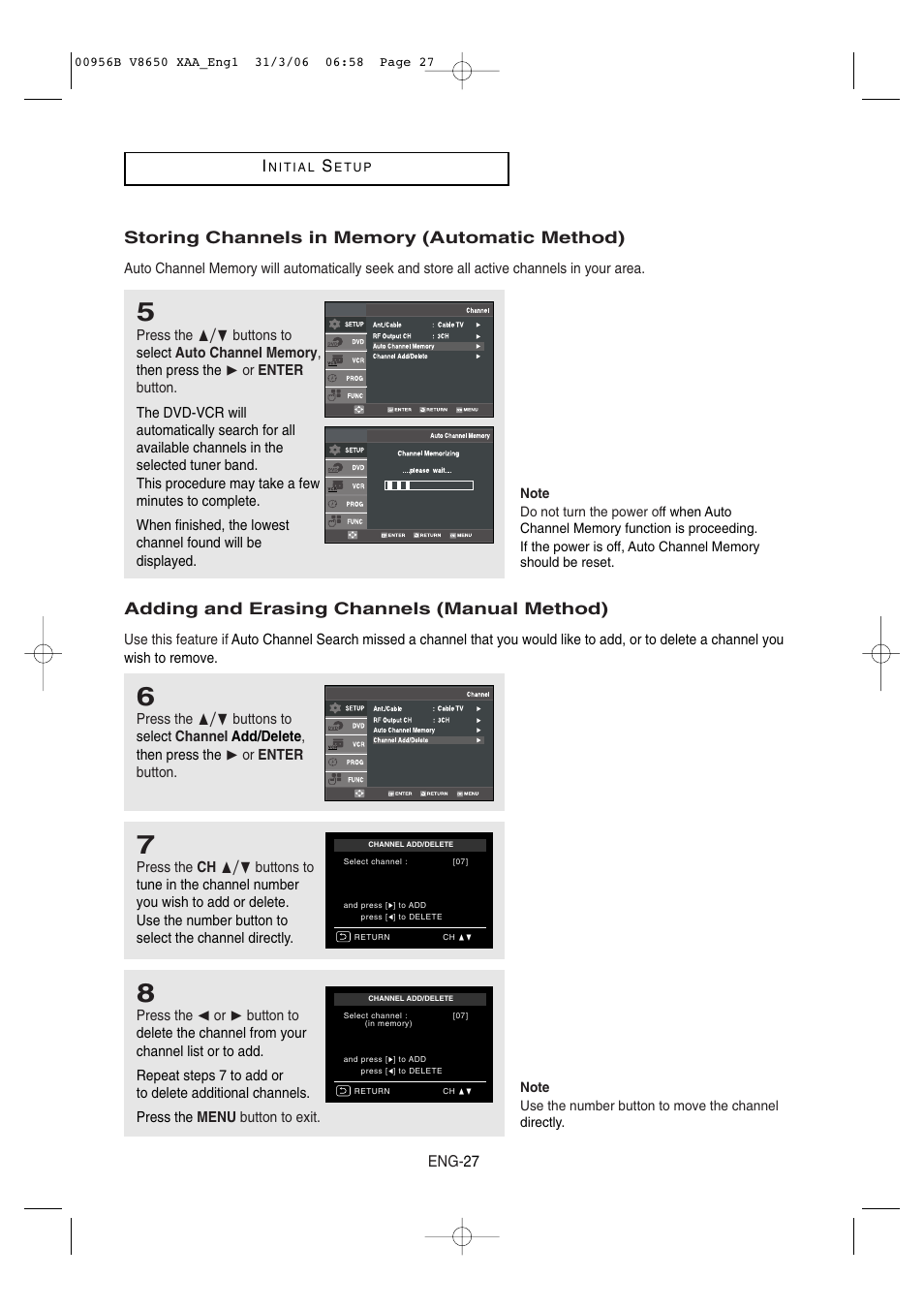 Storing channels in memory (automatic method), Adding and erasing channels (manual method) | Samsung DVD-V8650 User Manual | Page 27 / 92
