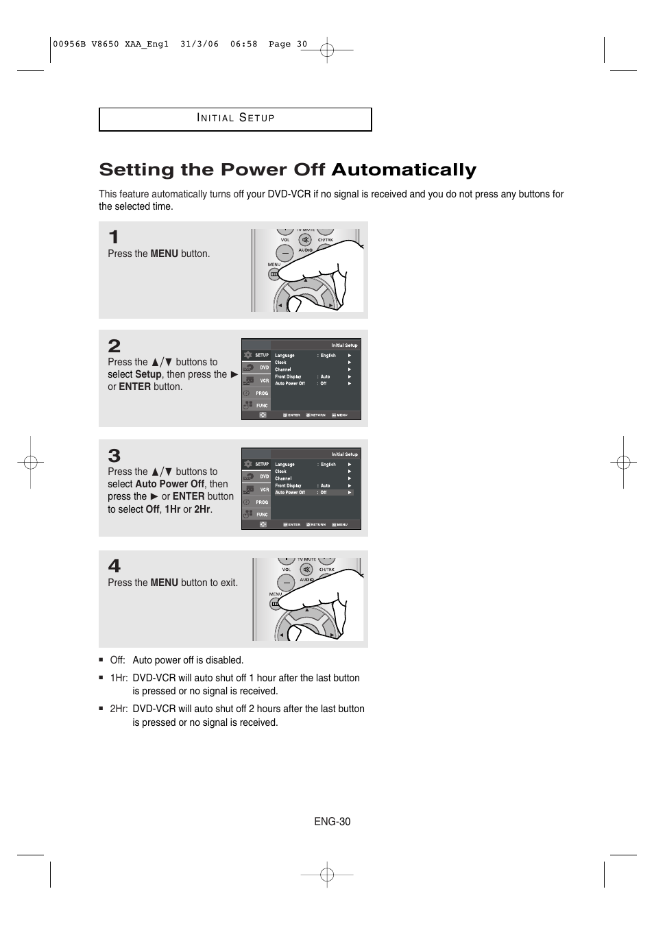 Setting the power off automatically | Samsung DVD-V8650 User Manual | Page 30 / 92