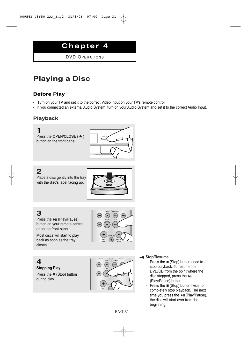 Chapter 4 dvd operations, Playing a disc | Samsung DVD-V8650 User Manual | Page 31 / 92