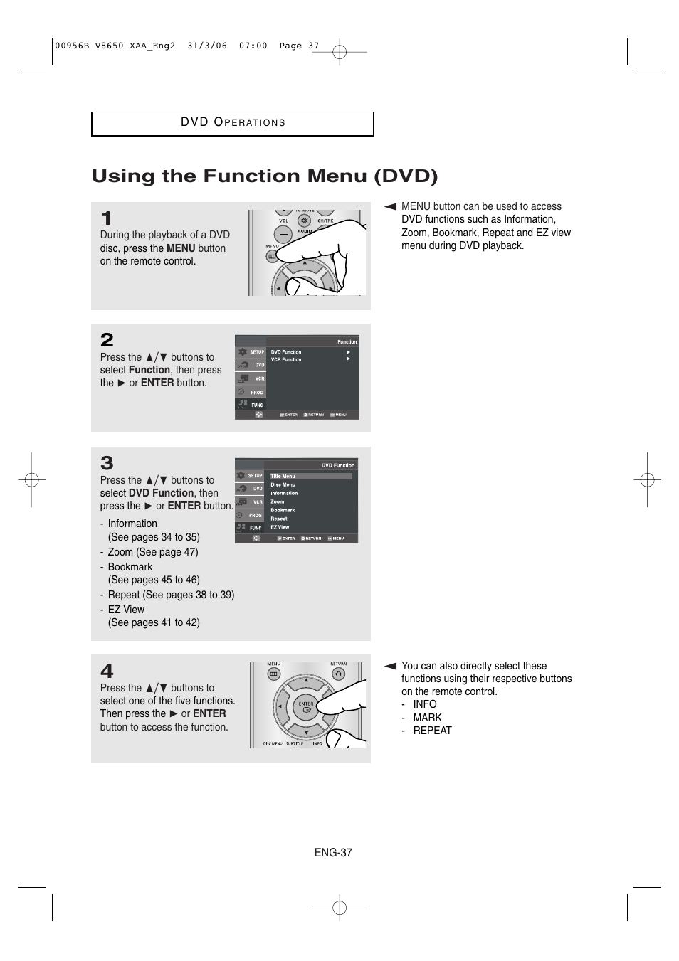 Using the function menu (dvd) | Samsung DVD-V8650 User Manual | Page 37 / 92