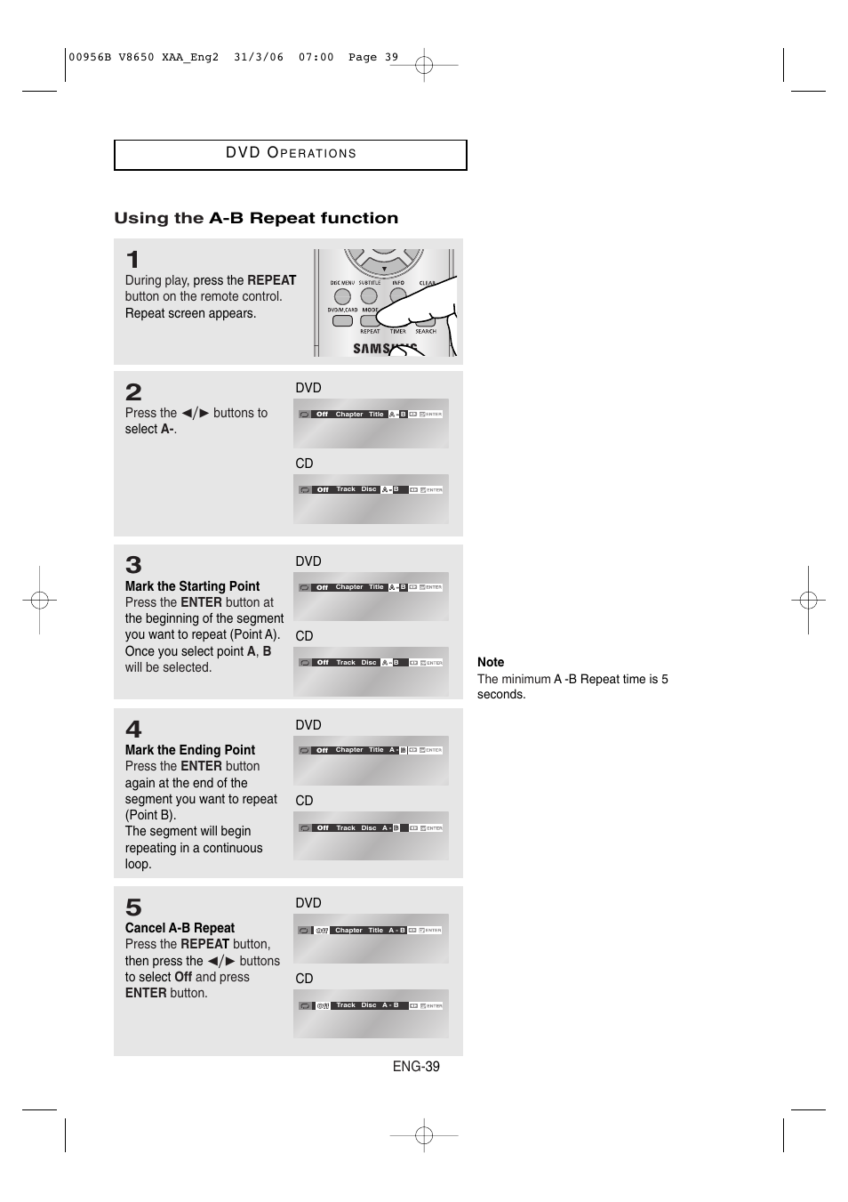 D v d o, Using the a-b repeat function, Eng- 39 | Samsung DVD-V8650 User Manual | Page 39 / 92