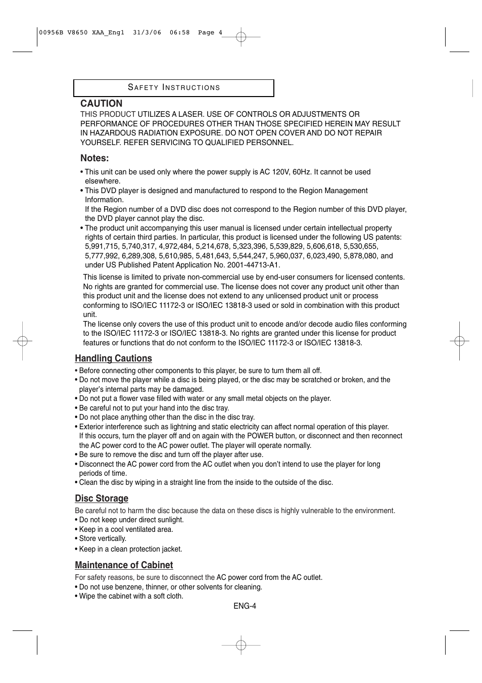 Caution, Handling cautions, Disc storage | Maintenance of cabinet | Samsung DVD-V8650 User Manual | Page 4 / 92