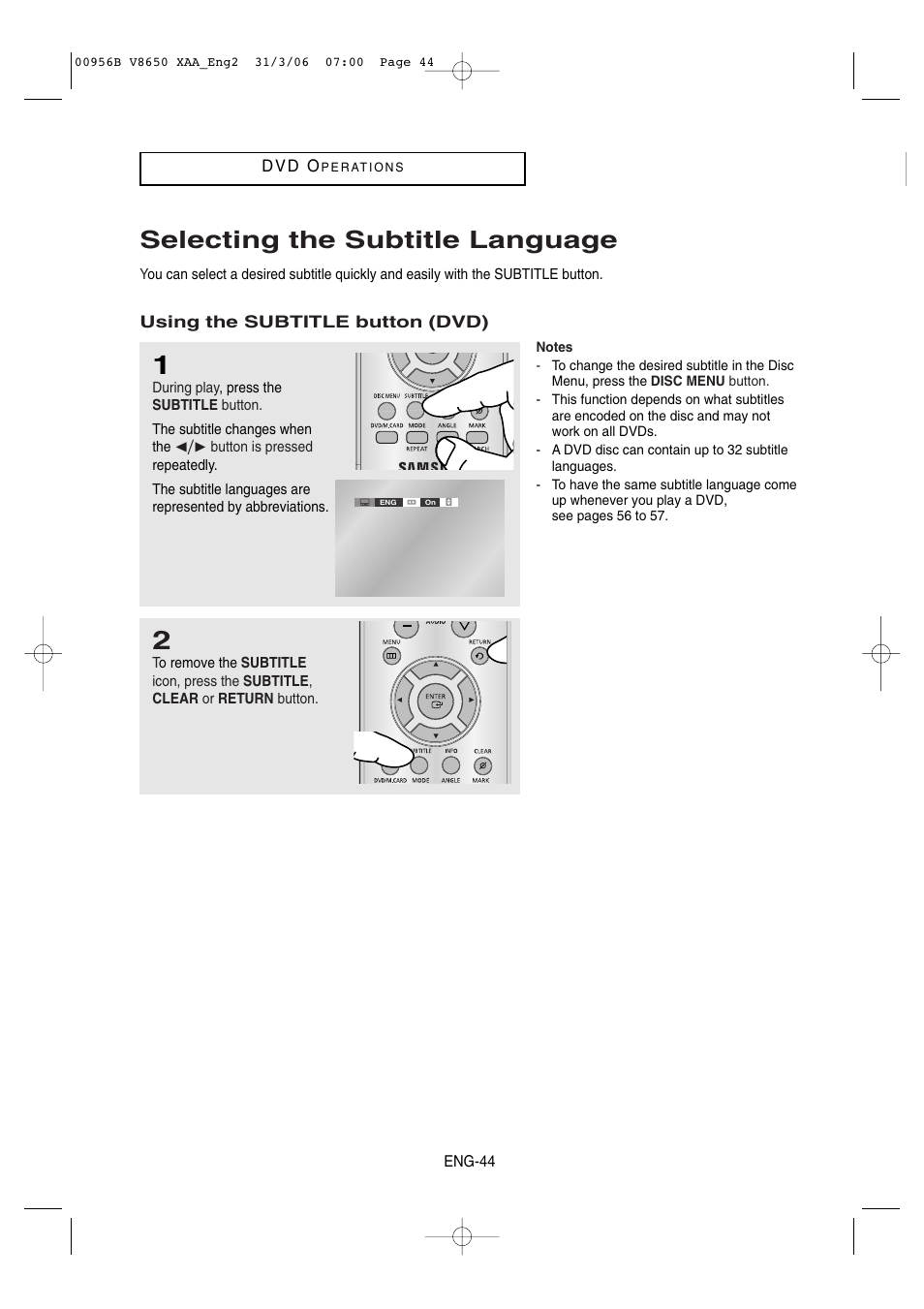 Selecting the subtitle language | Samsung DVD-V8650 User Manual | Page 44 / 92