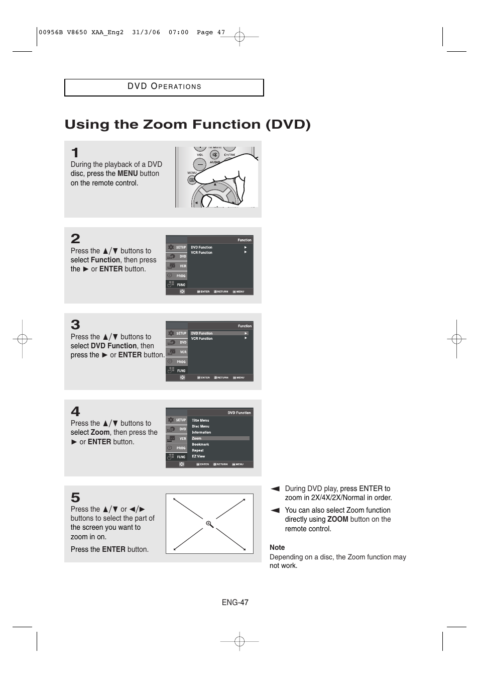 Using the zoom function (dvd) | Samsung DVD-V8650 User Manual | Page 47 / 92