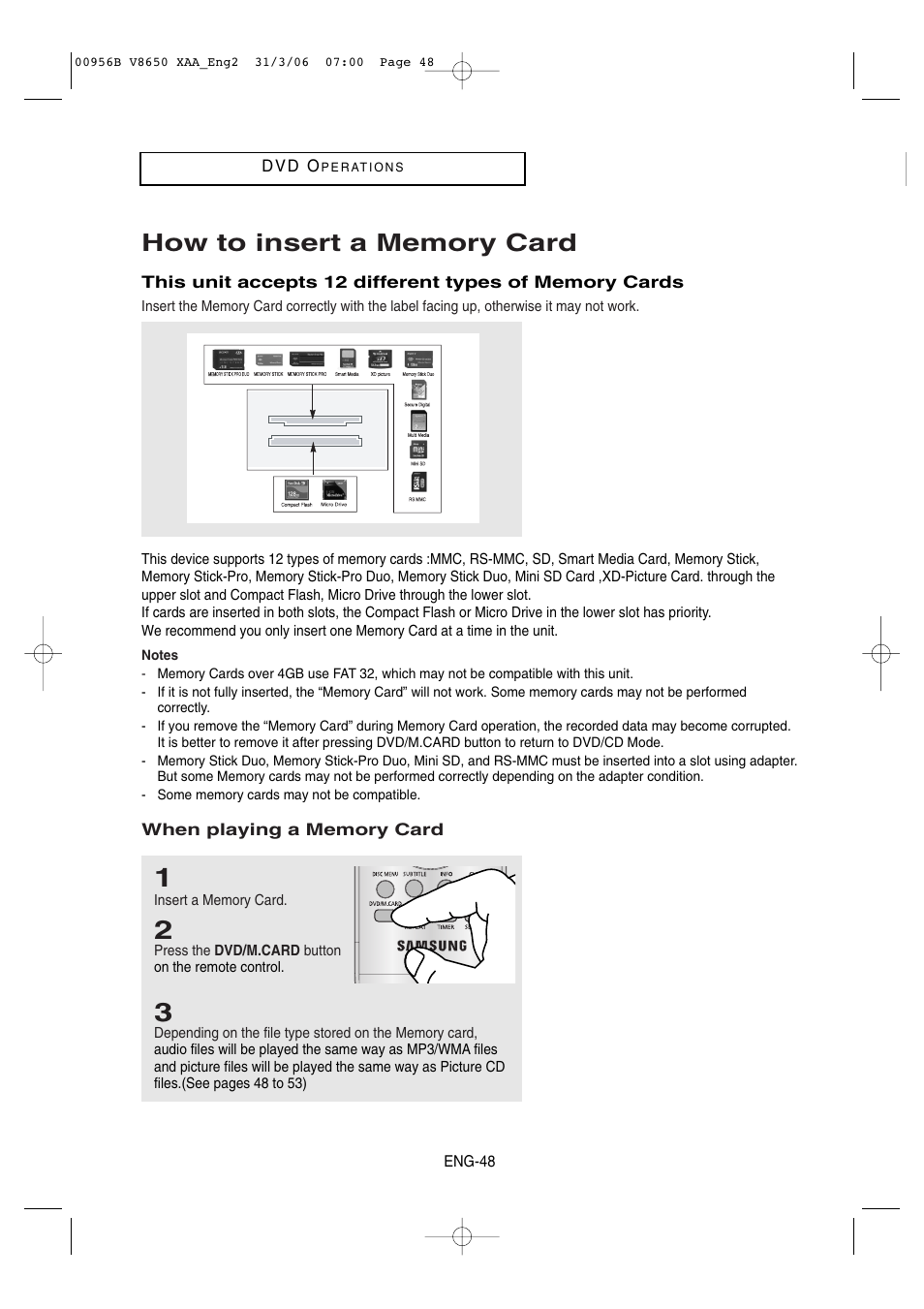 How to insert a memory card | Samsung DVD-V8650 User Manual | Page 48 / 92