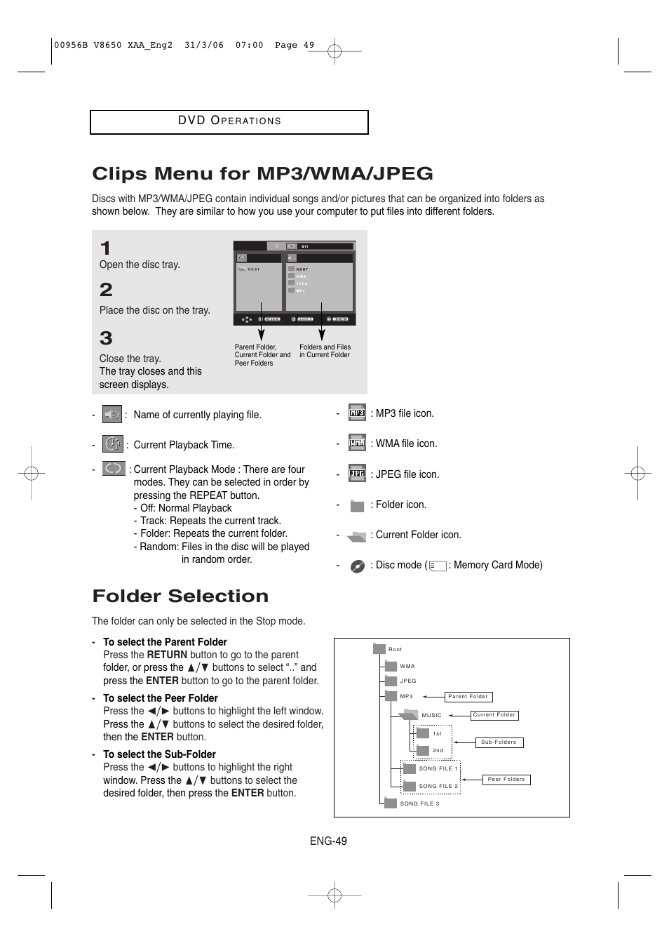 Clips menu for mp3/wma/jpeg, Folder selection | Samsung DVD-V8650 User Manual | Page 49 / 92