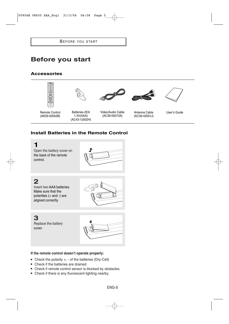 Before you start, Accessories, Install batteries in the remote control | Samsung DVD-V8650 User Manual | Page 5 / 92