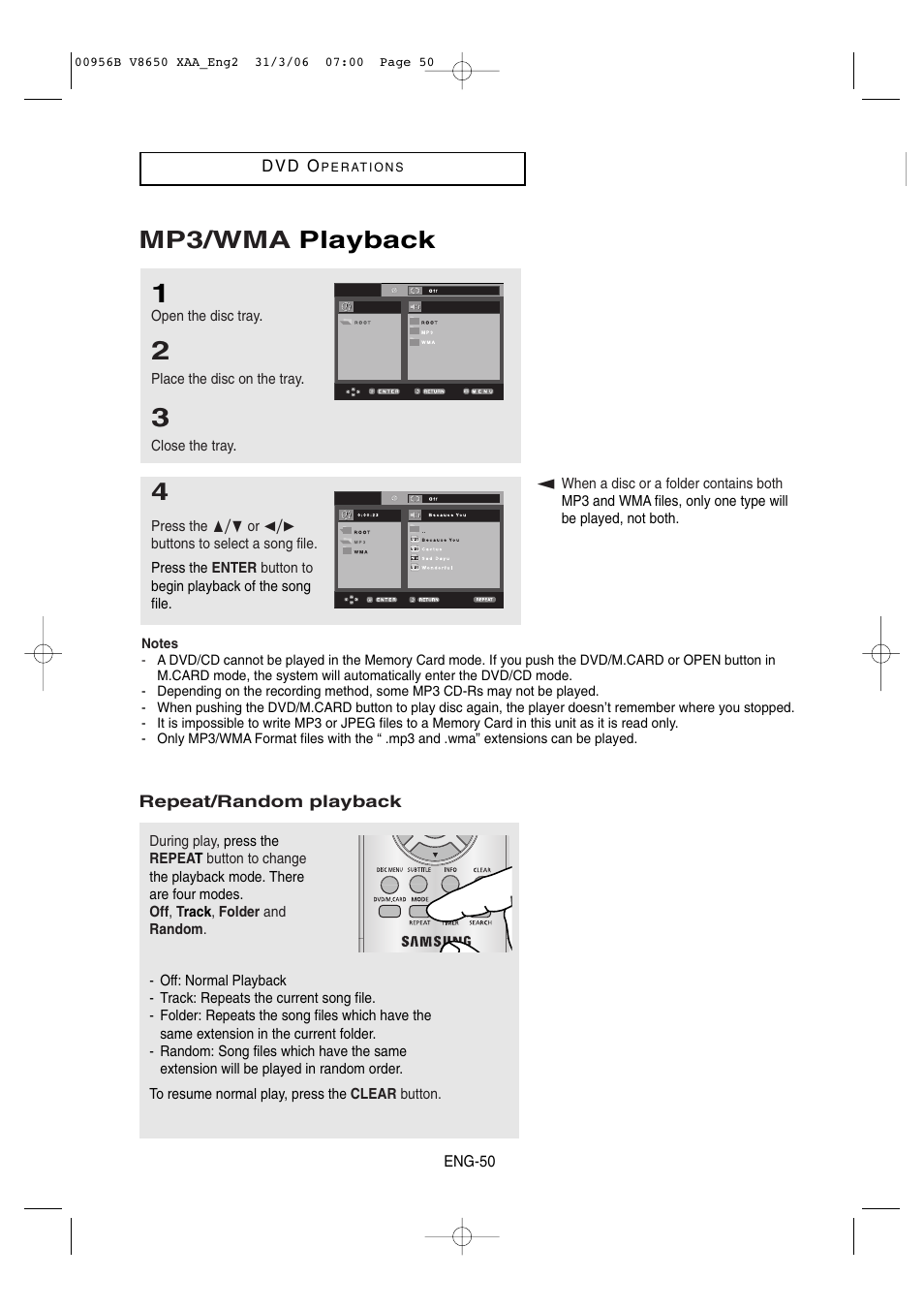 Mp3/wma playback | Samsung DVD-V8650 User Manual | Page 50 / 92