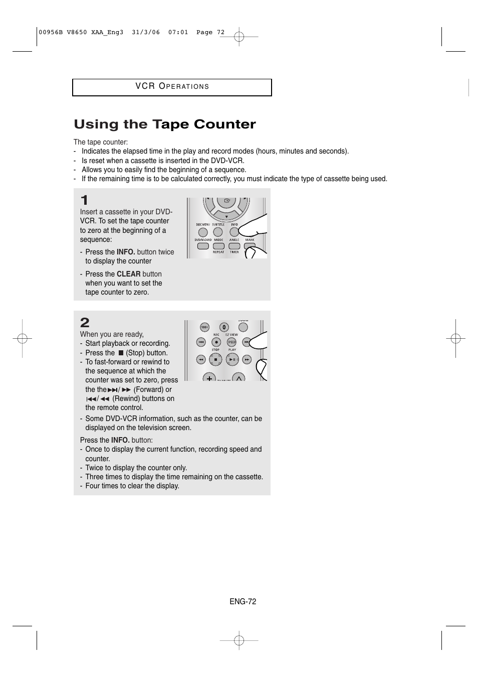 Using the tape counter, Using the t ape counter | Samsung DVD-V8650 User Manual | Page 72 / 92