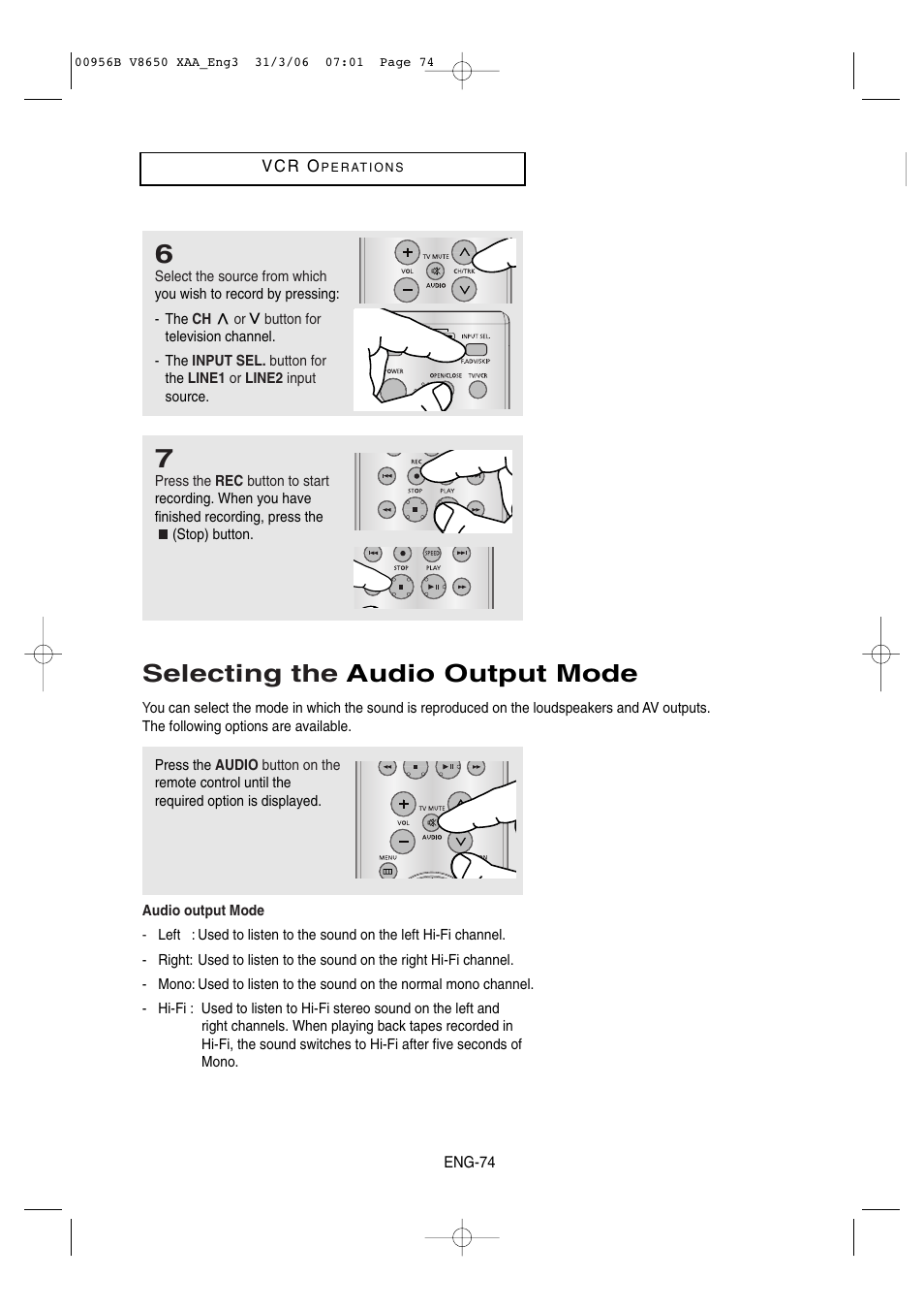 Selecting the audio output mode | Samsung DVD-V8650 User Manual | Page 74 / 92