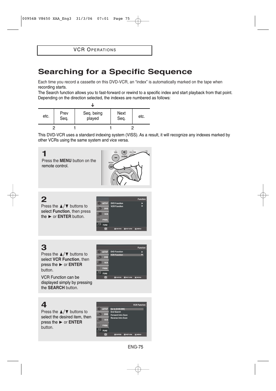 Searching for a specific sequence | Samsung DVD-V8650 User Manual | Page 75 / 92