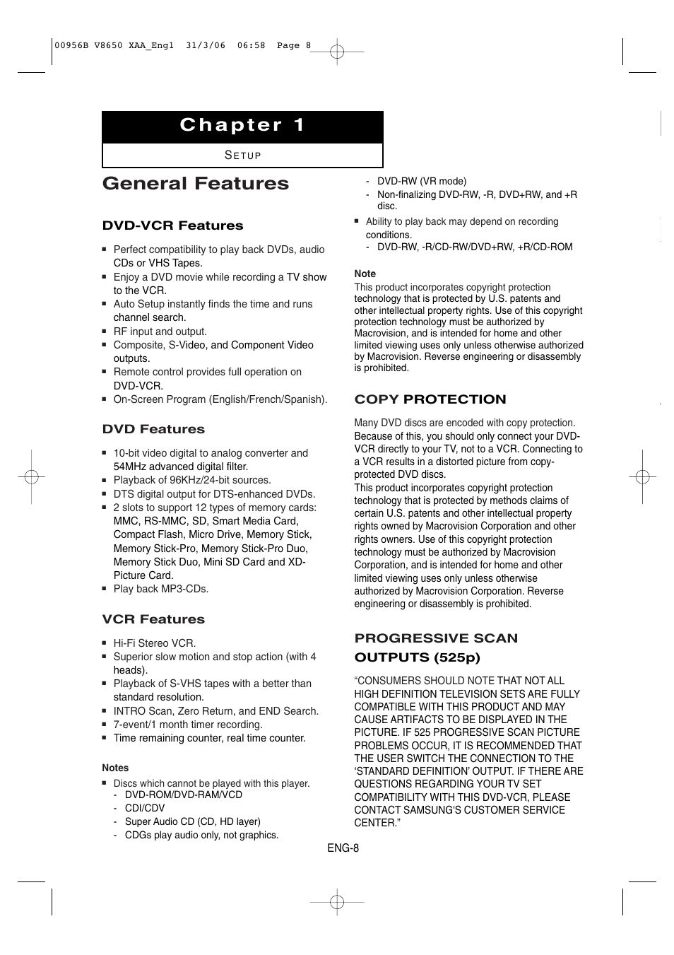 Chapter 1 setup, General features, Dvd-vcr features | Dvd features, Vcr features, Copy protection, Progressive scan outputs (525p) | Samsung DVD-V8650 User Manual | Page 8 / 92