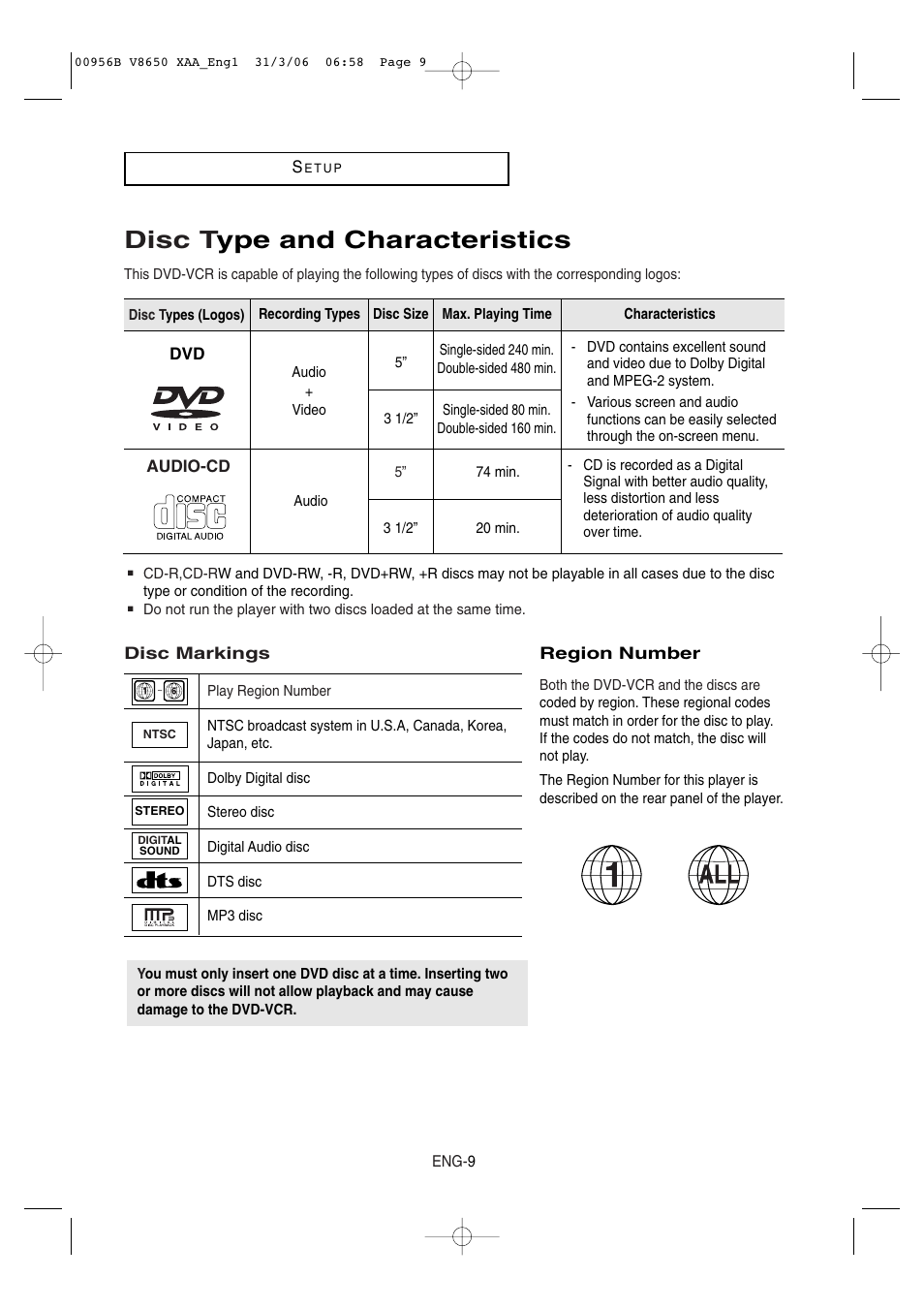 Disc type and characteristics, Disc t ype and characteristics | Samsung DVD-V8650 User Manual | Page 9 / 92