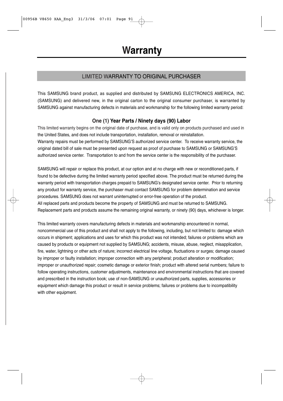 Warranty | Samsung DVD-V8650 User Manual | Page 91 / 92