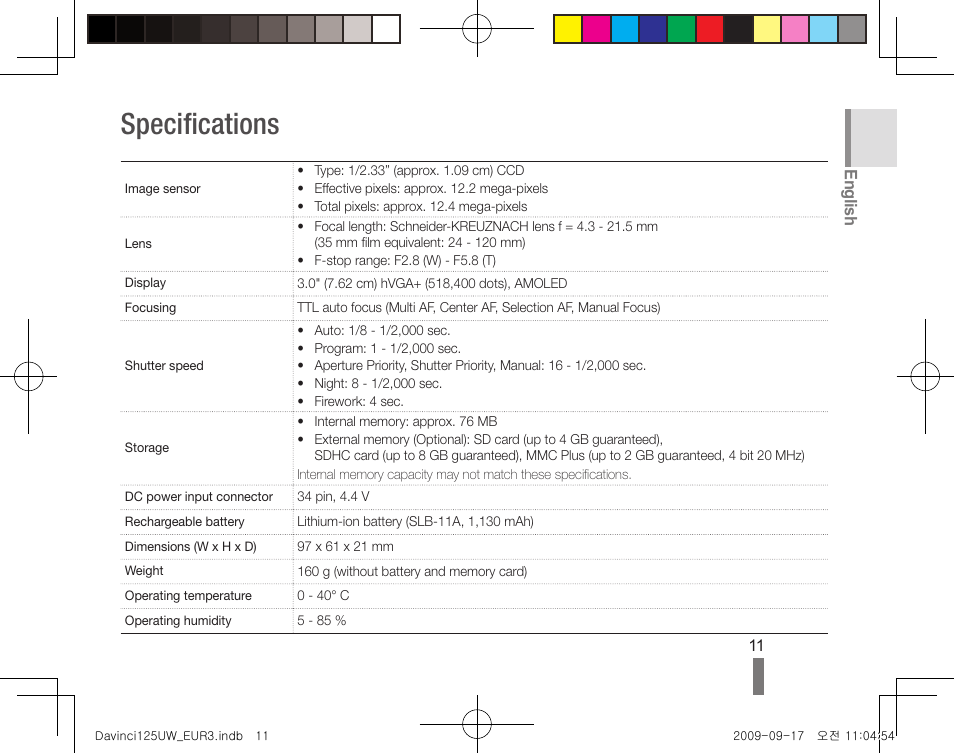 Specifications, English | Samsung WB1000 User Manual | Page 11 / 110