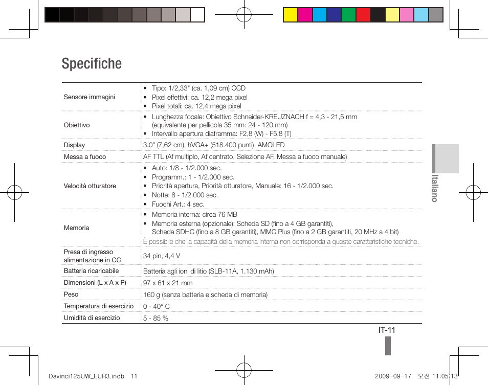 Specifiche, Italiano | Samsung WB1000 User Manual | Page 41 / 110