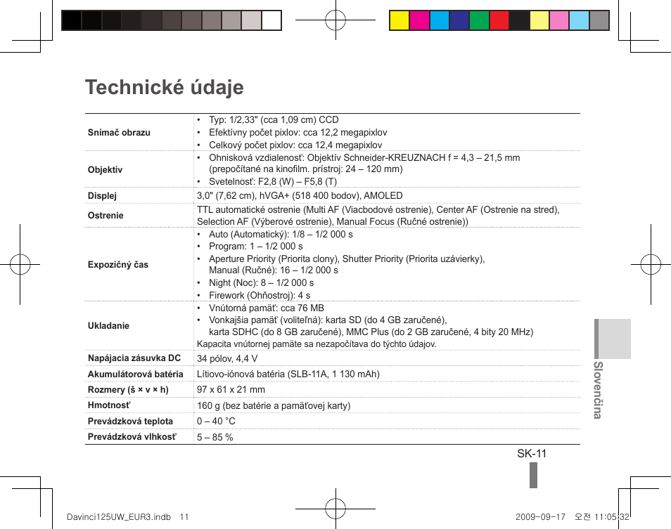 Technické údaje, Slovenčina | Samsung WB1000 User Manual | Page 71 / 110