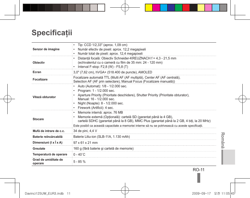 Specificaţii, Română | Samsung WB1000 User Manual | Page 91 / 110