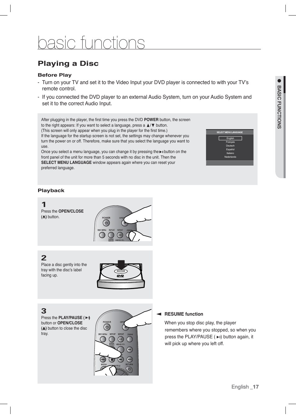 Basic functions, Playing a disc | Samsung AK68-01765A User Manual | Page 17 / 56