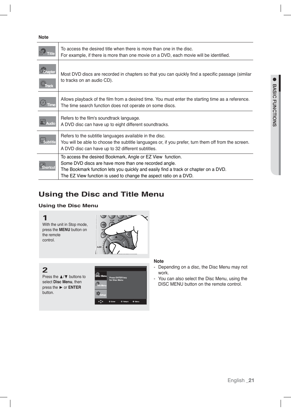 Using the disc and title menu | Samsung AK68-01765A User Manual | Page 21 / 56