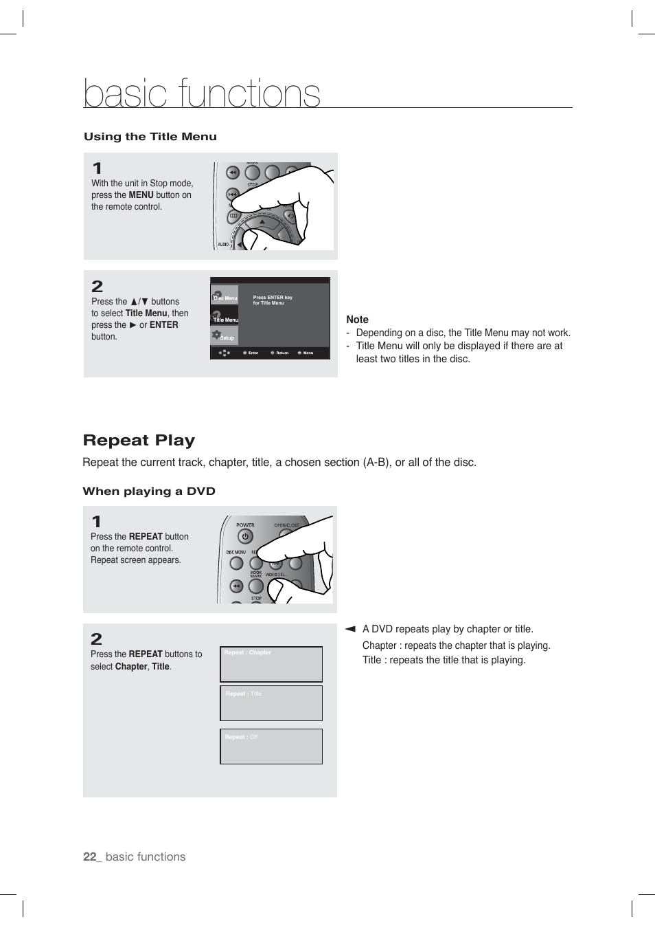 Repeat play, Basic functions | Samsung AK68-01765A User Manual | Page 22 / 56