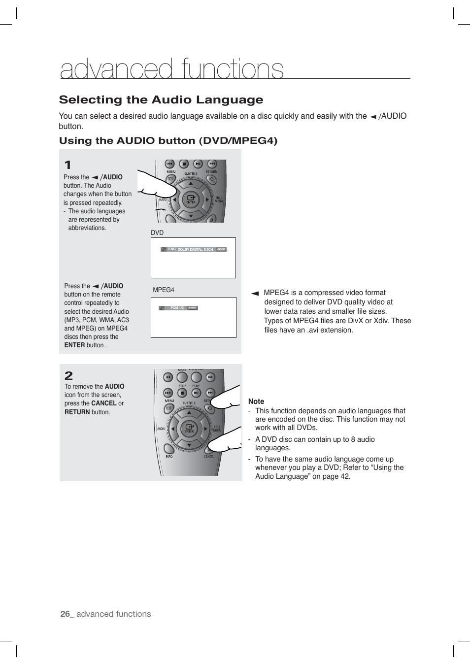 Selecting the audio language, Advanced functions | Samsung AK68-01765A User Manual | Page 26 / 56