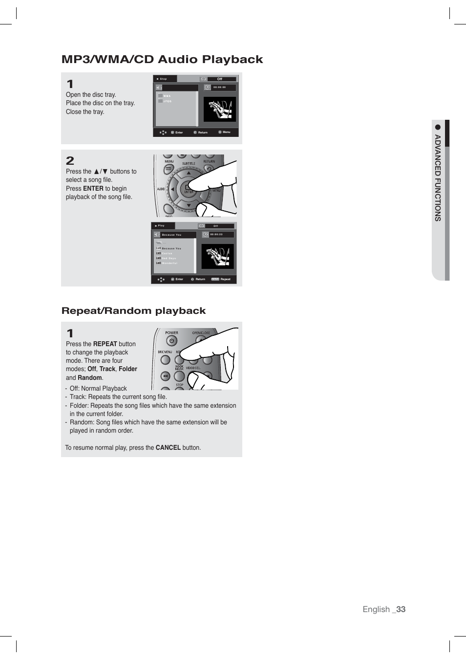 Mp3/wma/cd audio playback, Repeat/random playback, English | Advanced functions | Samsung AK68-01765A User Manual | Page 33 / 56