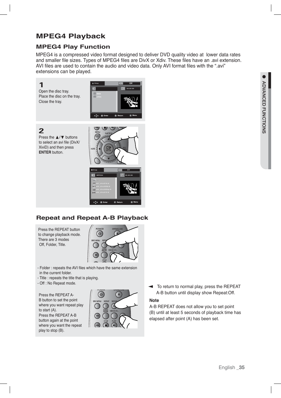 Mpeg4 playback, Mpeg4 play function, Repeat and repeat a-b playback | English, Advanced functions | Samsung AK68-01765A User Manual | Page 35 / 56