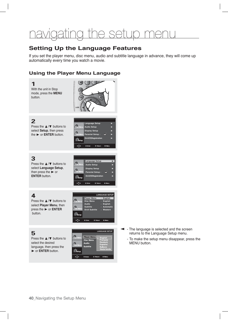 Setting up the language features, Navigating the setup menu, Using the player menu language | 40_ navigating the setup menu | Samsung AK68-01765A User Manual | Page 40 / 56
