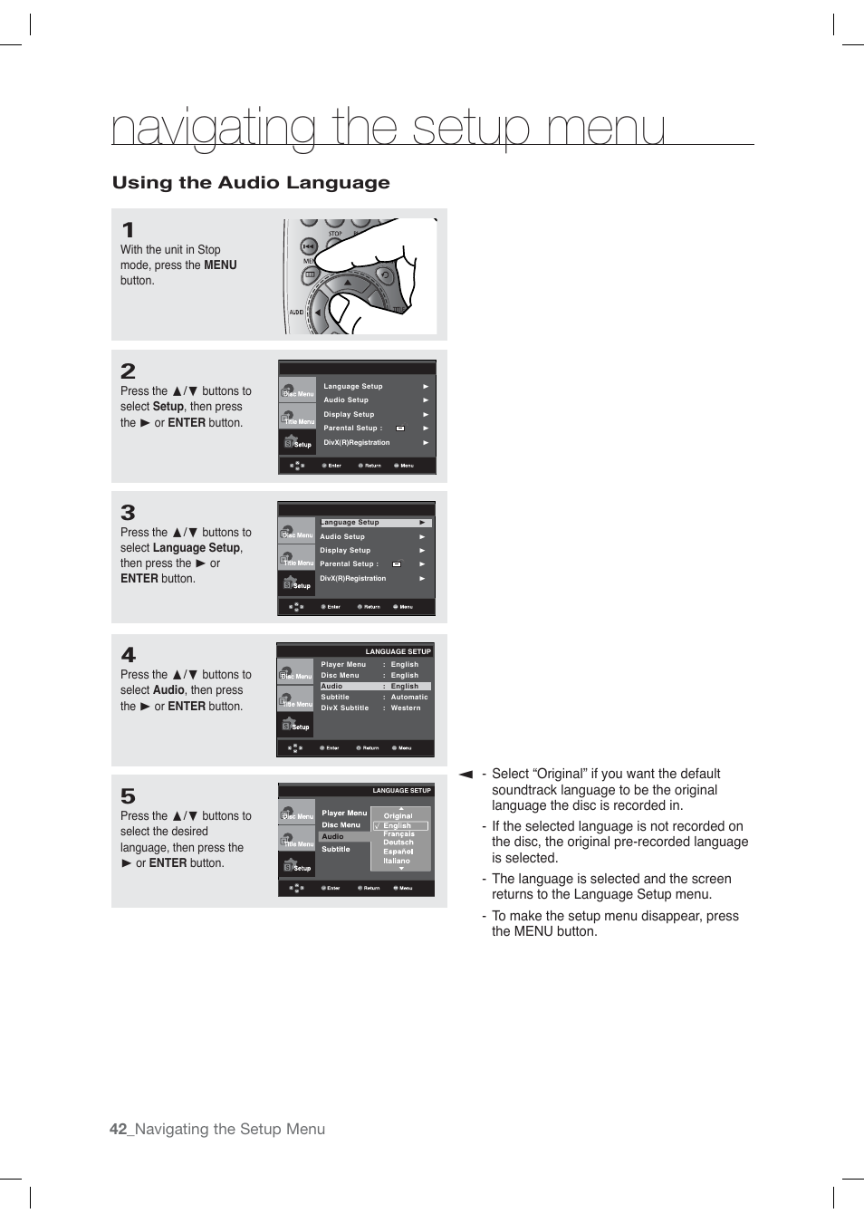 Navigating the setup menu, Using the audio language, 42_ navigating the setup menu | Samsung AK68-01765A User Manual | Page 42 / 56