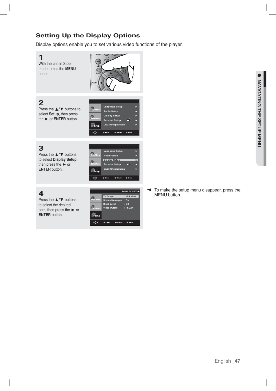 Setting up the display options, English, Navigating the setup menu | Samsung AK68-01765A User Manual | Page 47 / 56