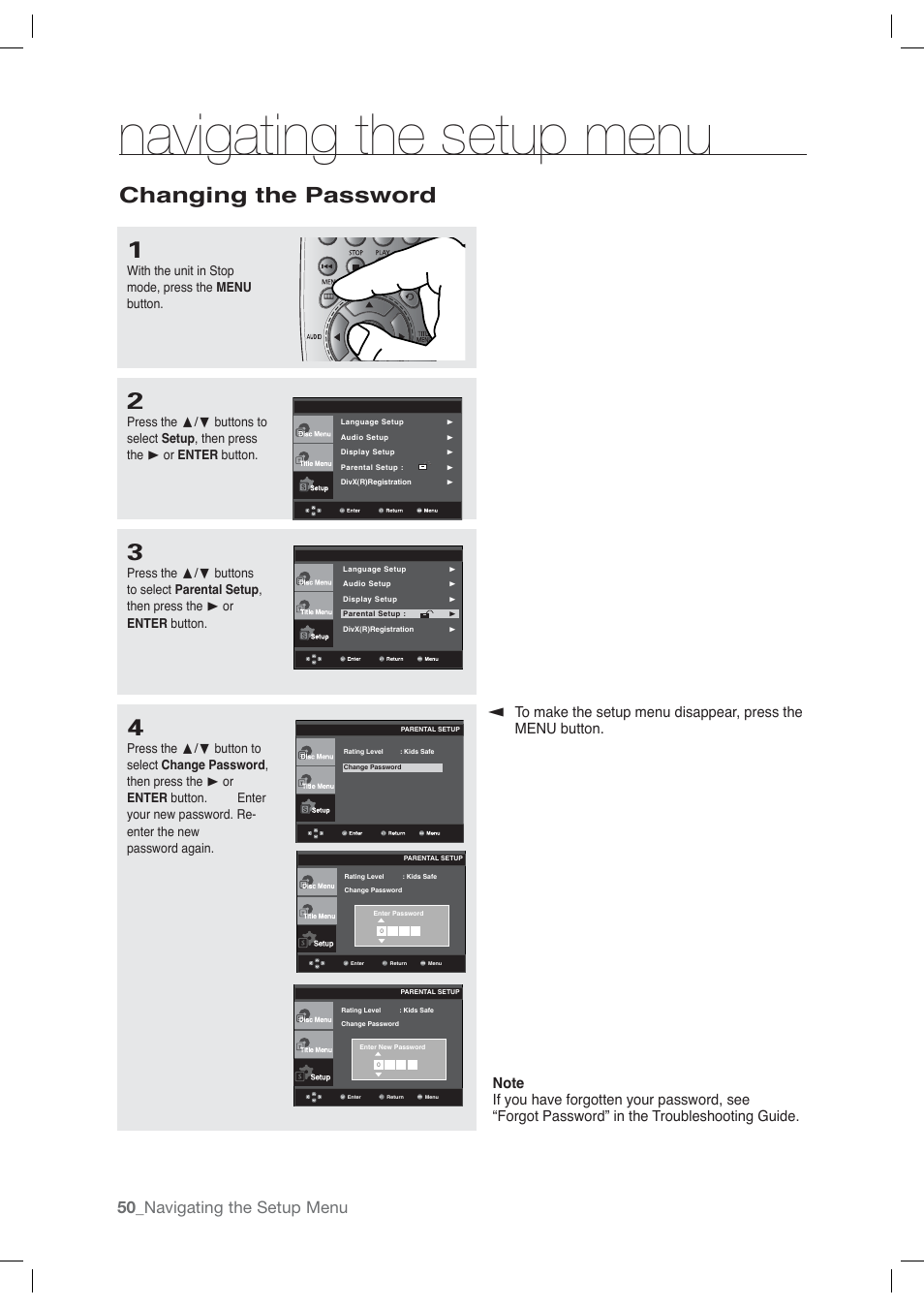 Navigating the setup menu, Changing the password, 50_ navigating the setup menu | Samsung AK68-01765A User Manual | Page 50 / 56