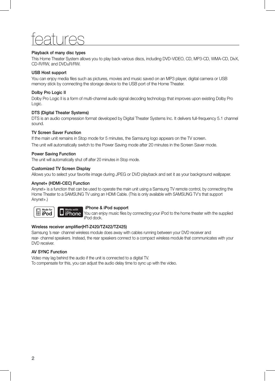 Features | Samsung HT-Z320 User Manual | Page 2 / 78