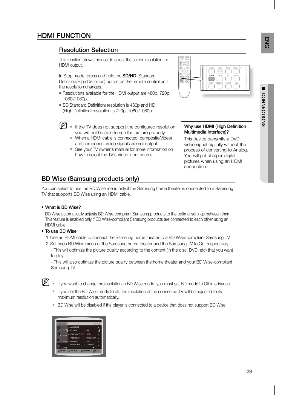 Hdmi function, Bd wise (samsung products only), Resolution selection | En g | Samsung HT-Z320 User Manual | Page 29 / 78