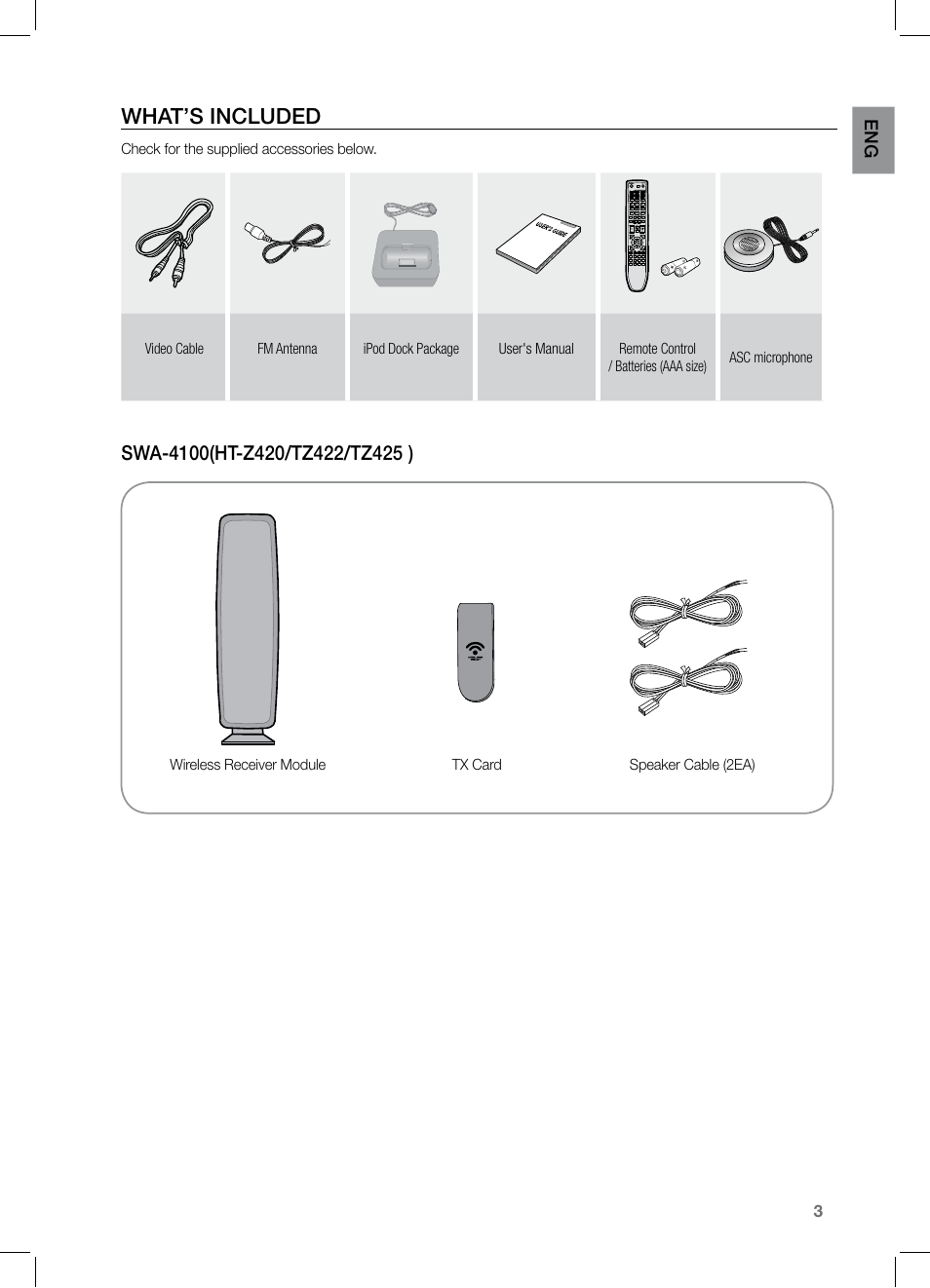 What’s included | Samsung HT-Z320 User Manual | Page 3 / 78