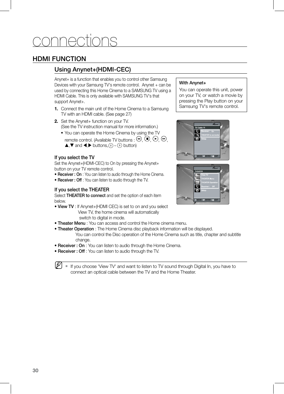 Connections, Hdmi function, Using anynet+(hdmi-cec) | If you select the tv, If you select the theater | Samsung HT-Z320 User Manual | Page 30 / 78