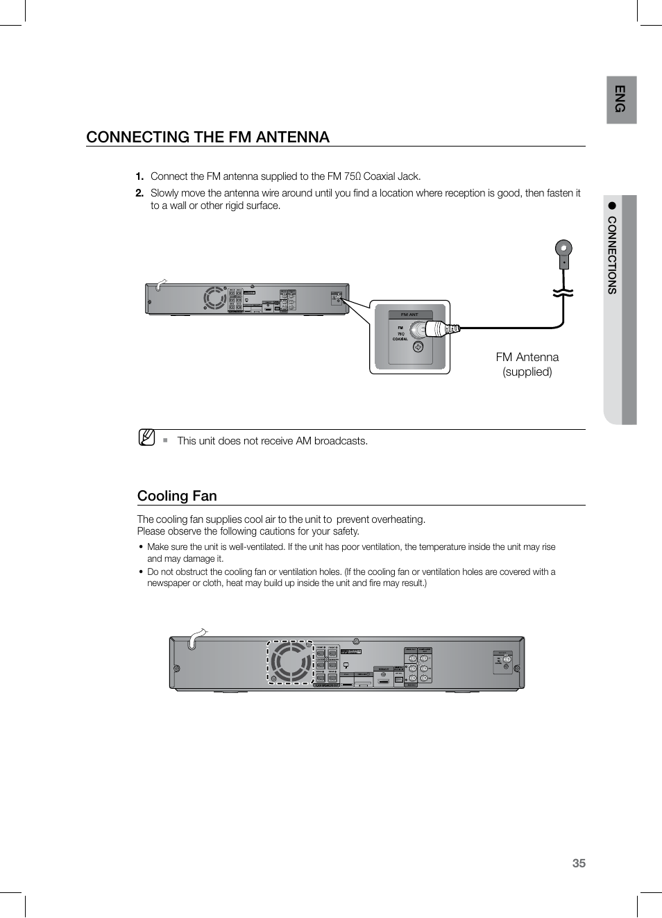 Conecting the fm antena, Connecting the fm antenna, Cooling fan | En g | Samsung HT-Z320 User Manual | Page 35 / 78