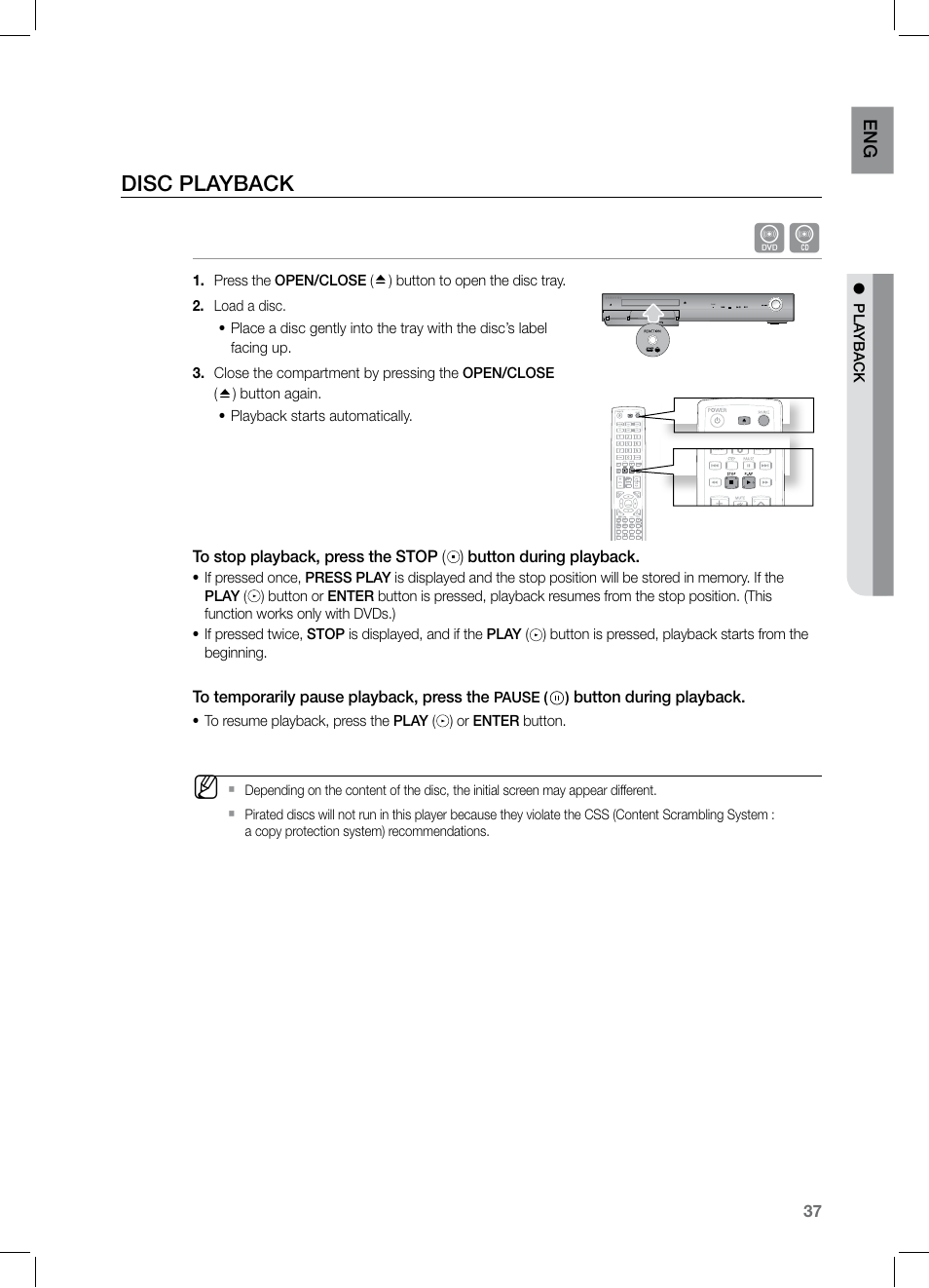 Disc playback | Samsung HT-Z320 User Manual | Page 37 / 78