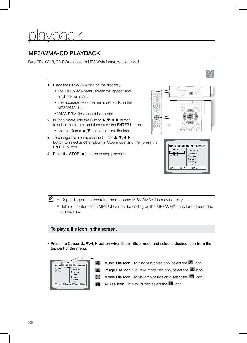 Playback, Mp3/wma-cd playback | Samsung HT-Z320 User Manual | Page 38 / 78