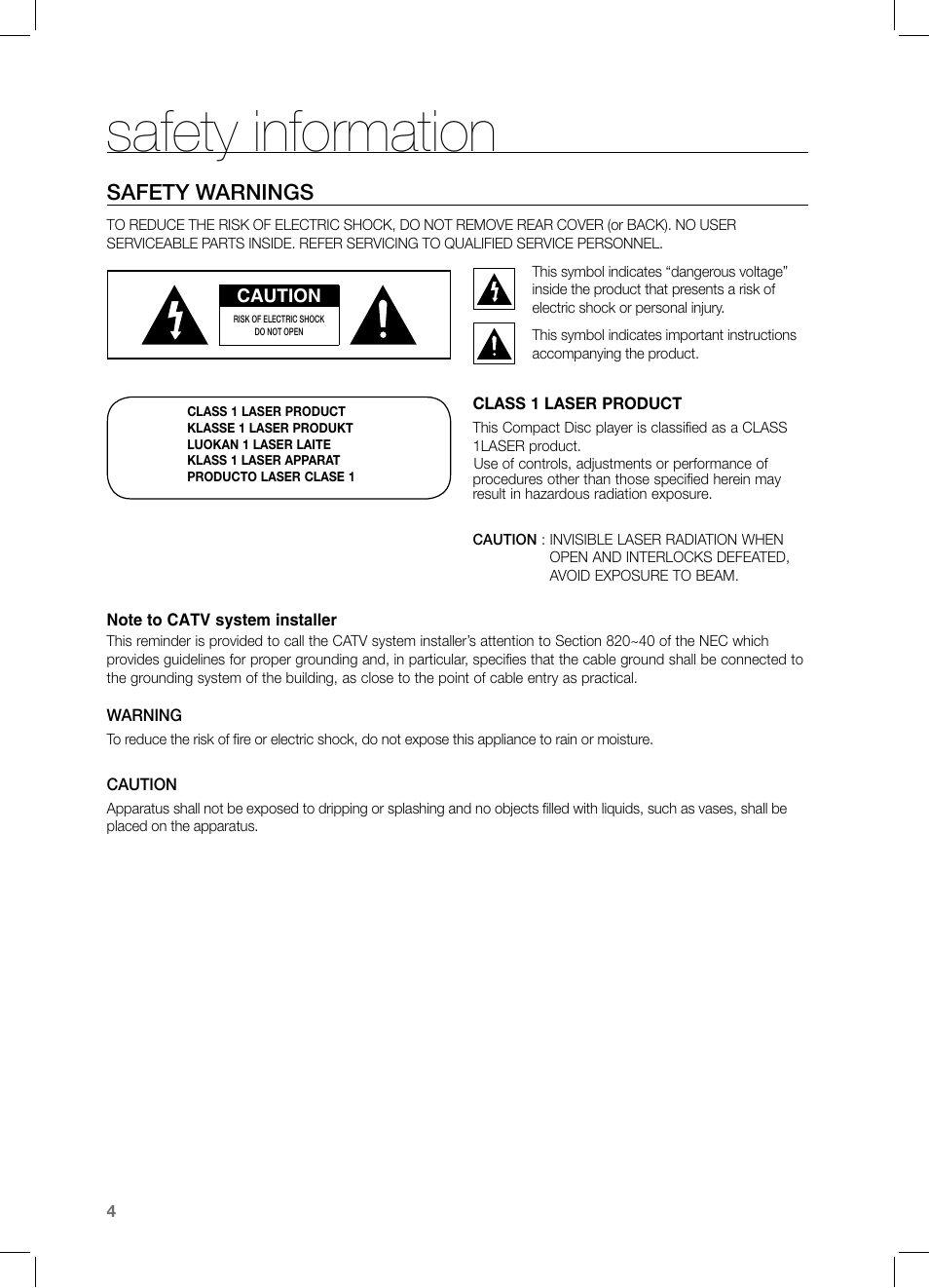 Safety information, Safety warnings | Samsung HT-Z320 User Manual | Page 4 / 78