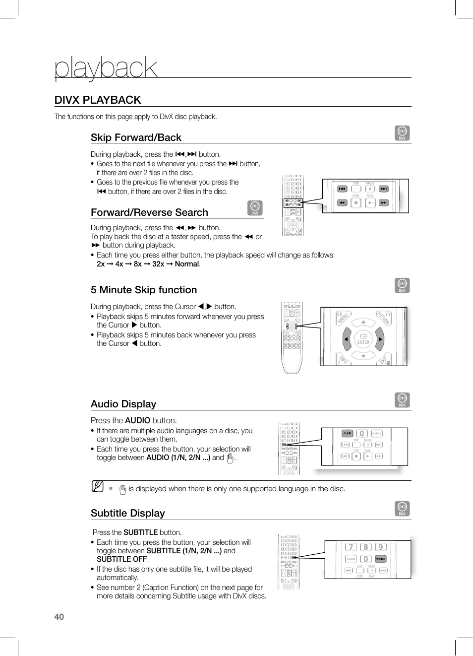 Divx playback, Playback | Samsung HT-Z320 User Manual | Page 40 / 78