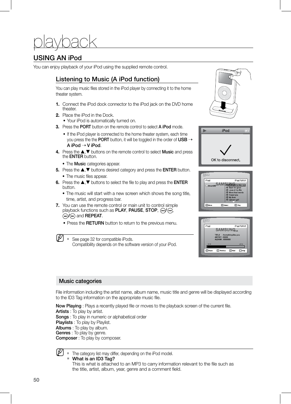 Using an ipod, Playback | Samsung HT-Z320 User Manual | Page 50 / 78