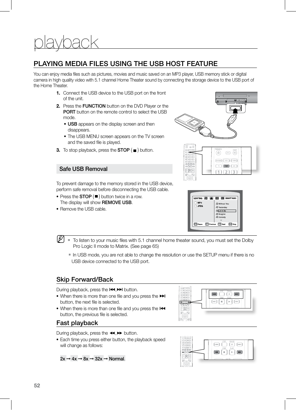 Playing media files using the usb host featu re, Playback, Playing media files using the usb host feature | Samsung HT-Z320 User Manual | Page 52 / 78