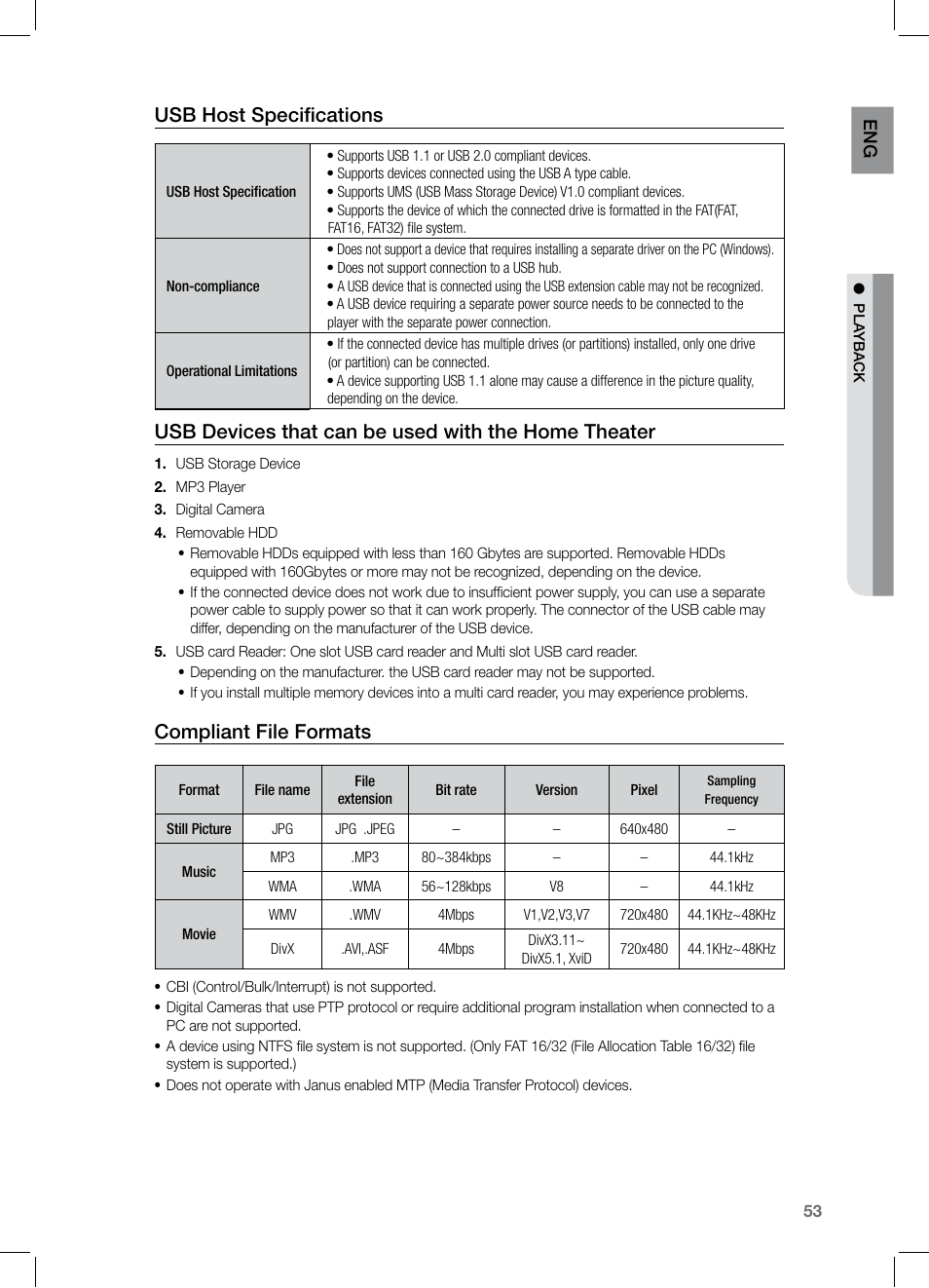 Usb host specifications, Usb devices that can be used with the home theater, Compliant file formats | En g | Samsung HT-Z320 User Manual | Page 53 / 78