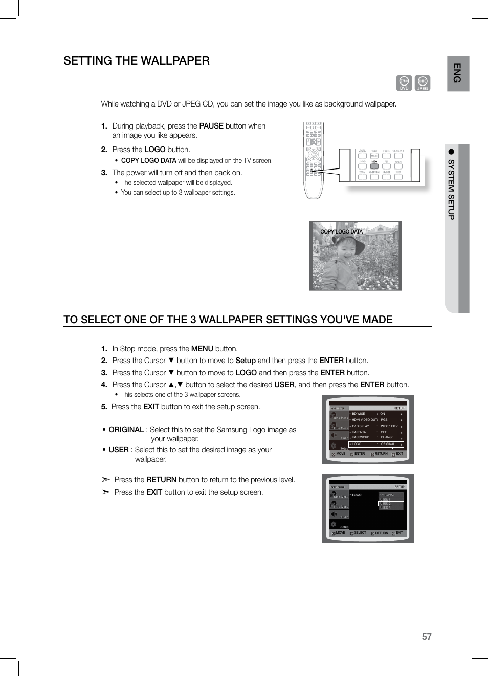 Seting the walpape r, Setting the wallpaper, En g | Samsung HT-Z320 User Manual | Page 57 / 78