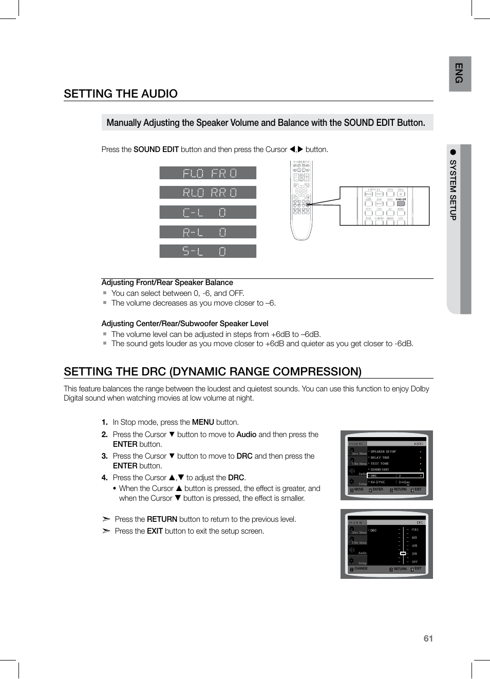 Seting the drc (dynamic range compresion), Setting the audio, Setting the drc (dynamic range compression) | En g | Samsung HT-Z320 User Manual | Page 61 / 78