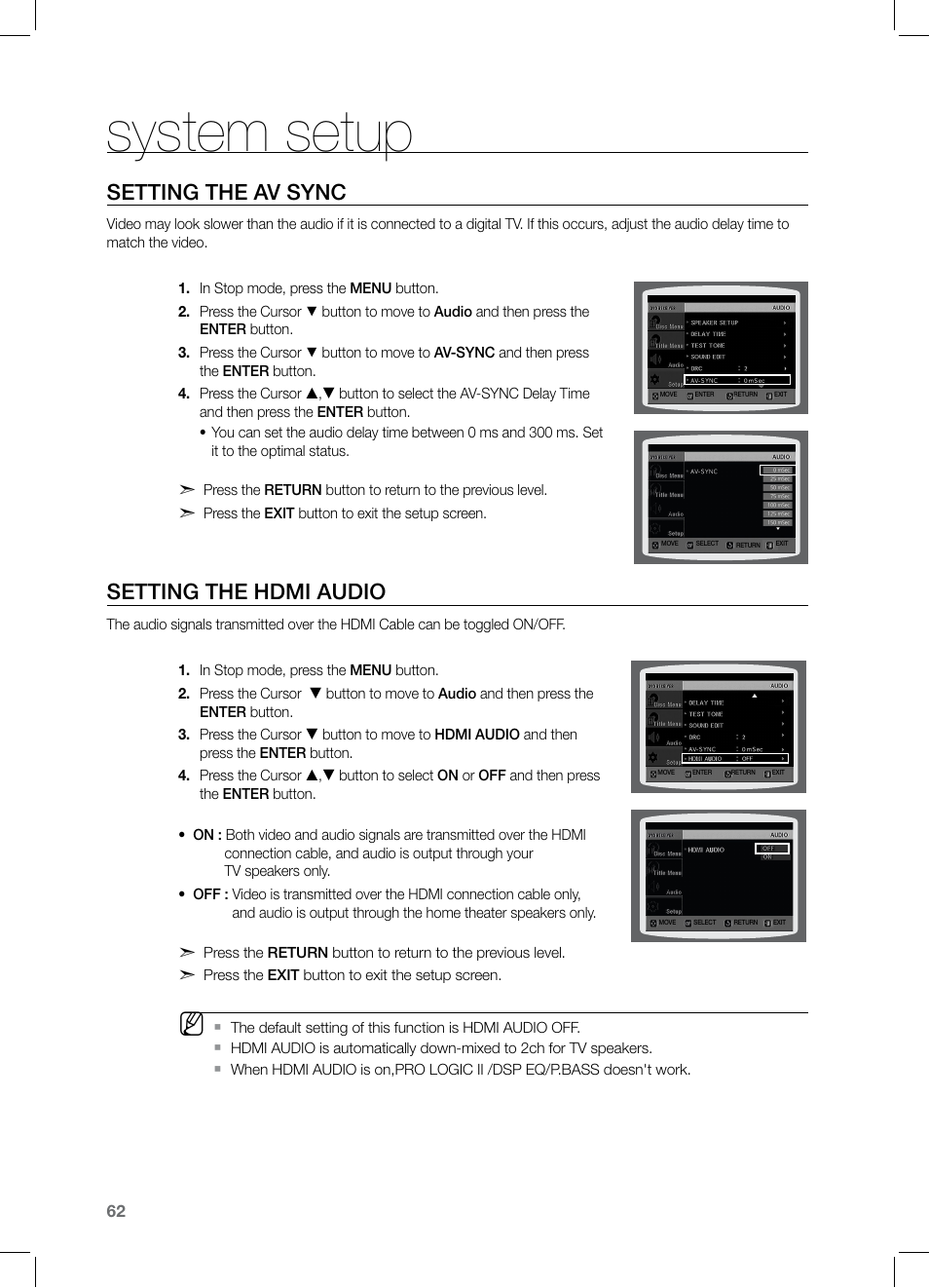 Seting the av sync, Seting the hdmi audio, System setup | Setting the av sync, Setting the hdmi audio | Samsung HT-Z320 User Manual | Page 62 / 78